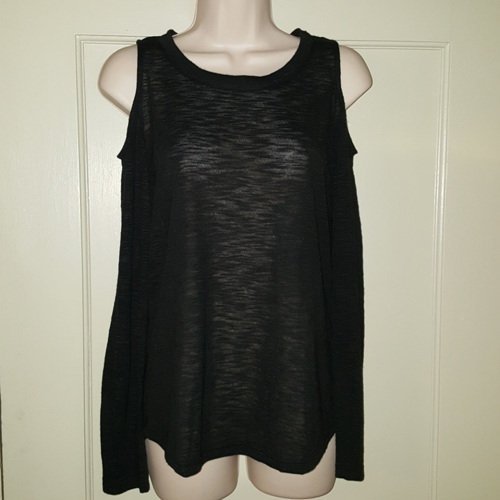 Splendid Black Cold Shoulder Sheer Shirt Top Sz M